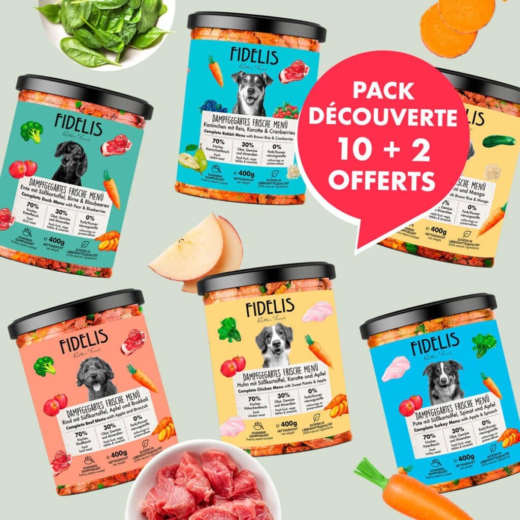 Pack découverte Fidelis de 12 menus frais en bocal pour chien, dont 2 offerts