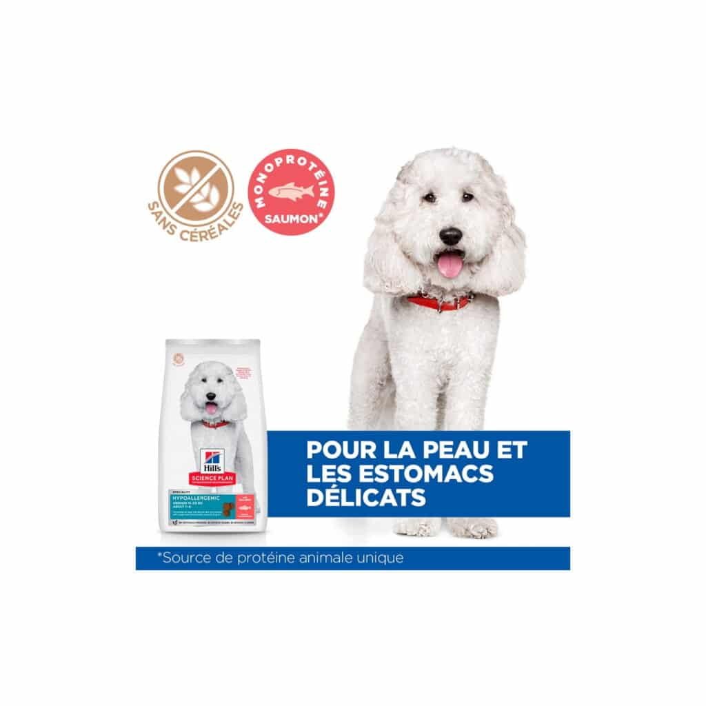 Chien et sac de croquettes Hill's Science Plan Hypoallergenic Medium au saumon