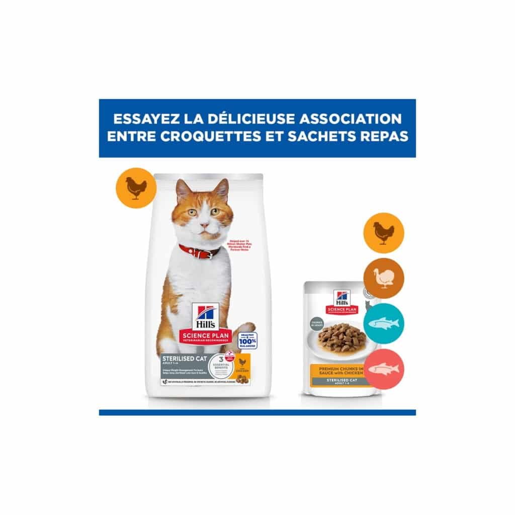 Croquettes Hill's Sterilised Cat au poulet associées aux sachets repas Hill's