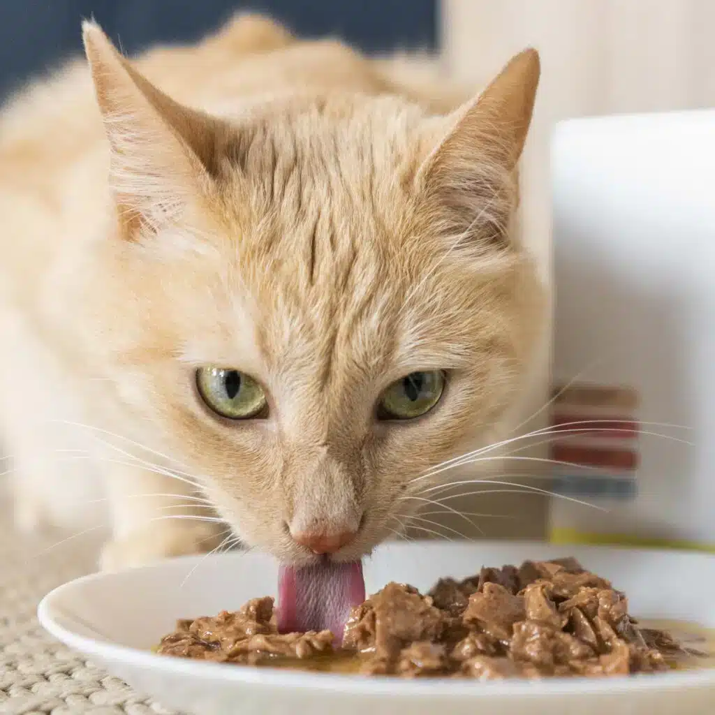Chat roux qui mange une pâtée Caats dans une assiette
