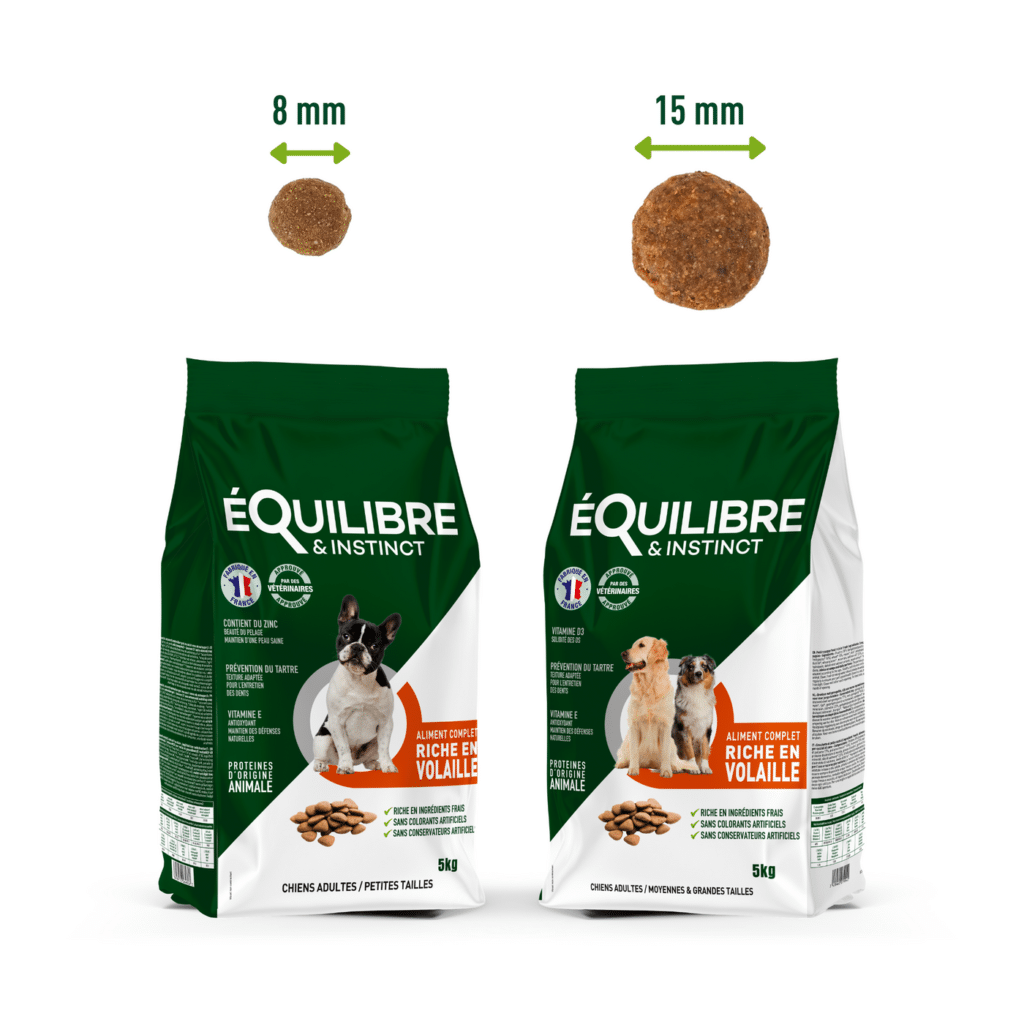 Les deux tailles de croquettes Équilibre & Instinct pour chien : 8 mm et 15 mm