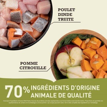 Ingredients Acana Wild Prairie : poulet, dinde, truite, pomme et courge