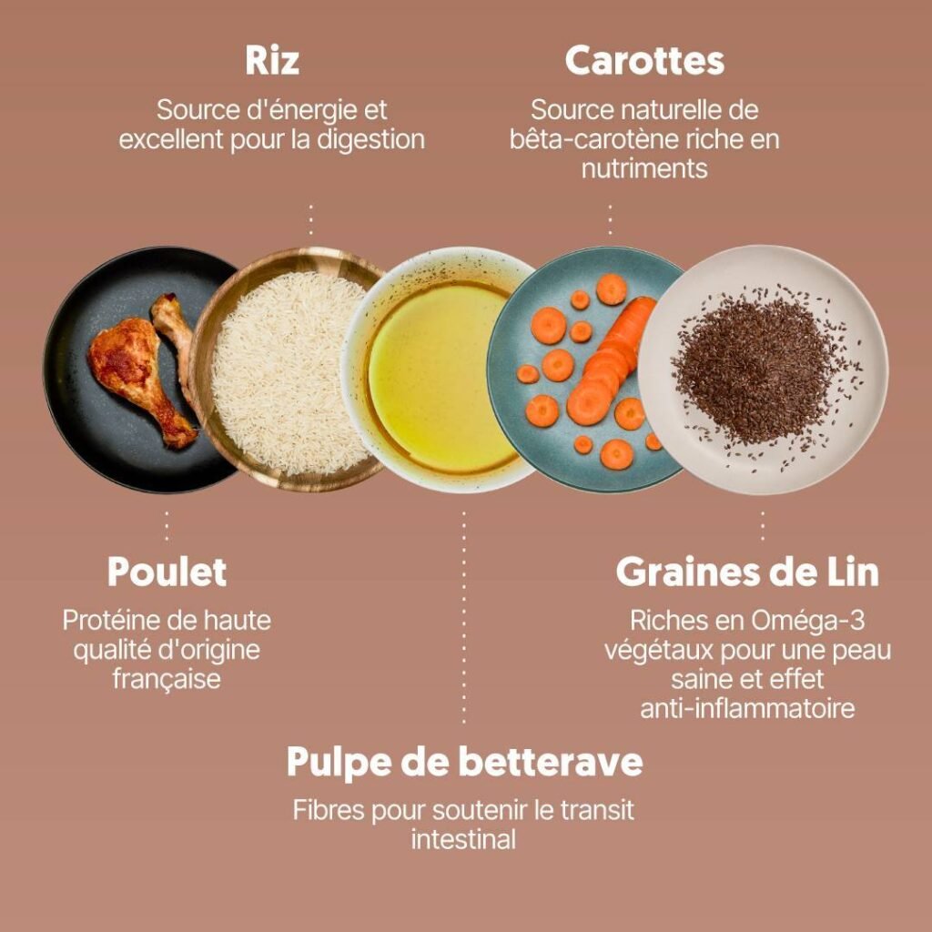 Ingrédients mis en avant par Japhy pour la recette volaille : poulet, riz, huile, carottes, graines de lin