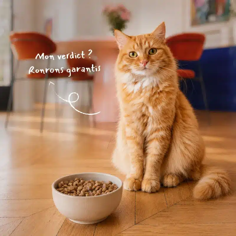 Chat roux assis devant un bol de croquettes Bab'in sans céréales