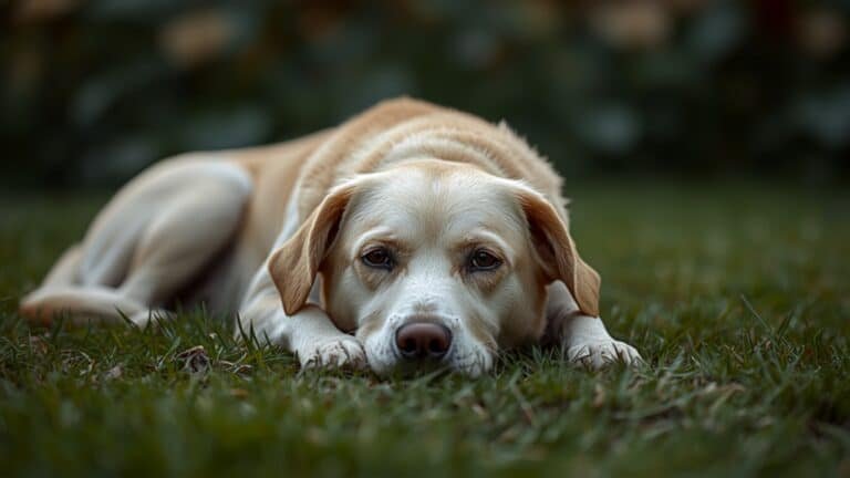 Chien au pelage clair couché dans l'herbe, tête posée sur les pattes, illustration des sensibilités alimentaires