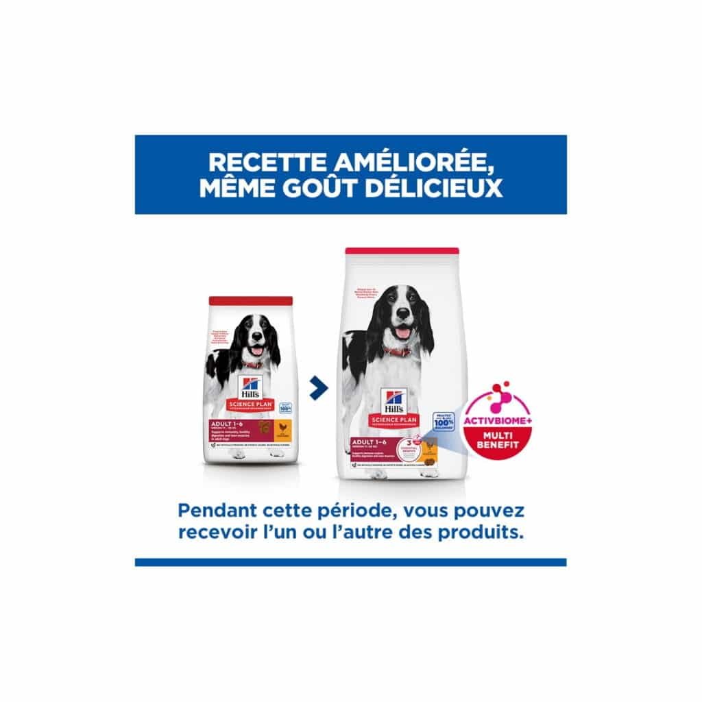 Ancien et nouveau sac Hill's Science Plan Adult Medium, recette améliorée ActivBiome+