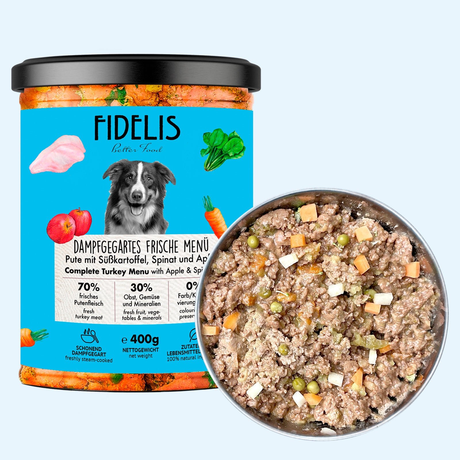 Bocal en verre Fidelis menu frais dinde patate douce pour chien