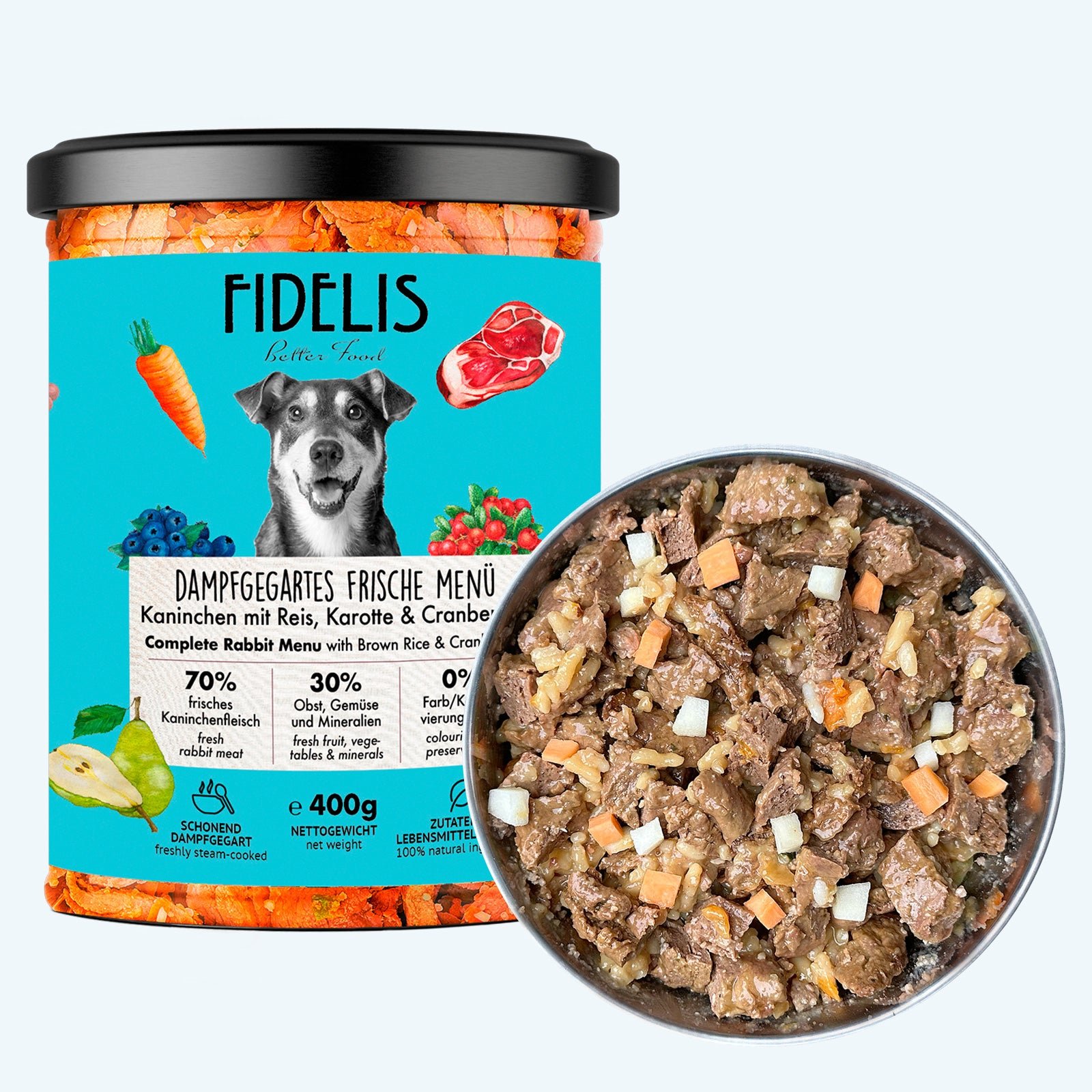 Bocal en verre Fidelis menu frais lapin au riz pour chien