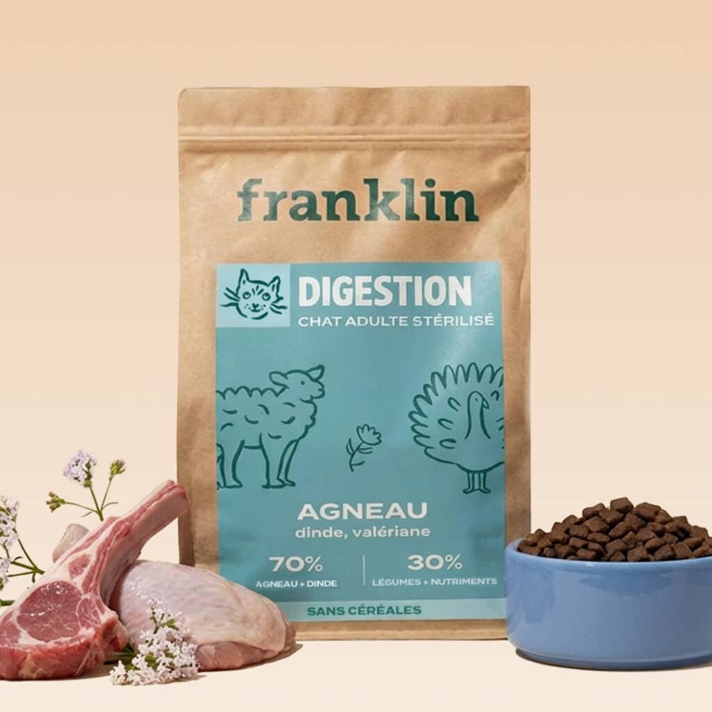 Sac de croquettes Franklin Digestion Agneau, Dinde, Valériane pour chat adulte stérilisé