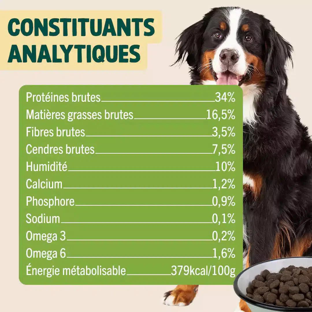 Constituants analytiques officiels des croquettes Franklin Poulet, Courge, Myrtille