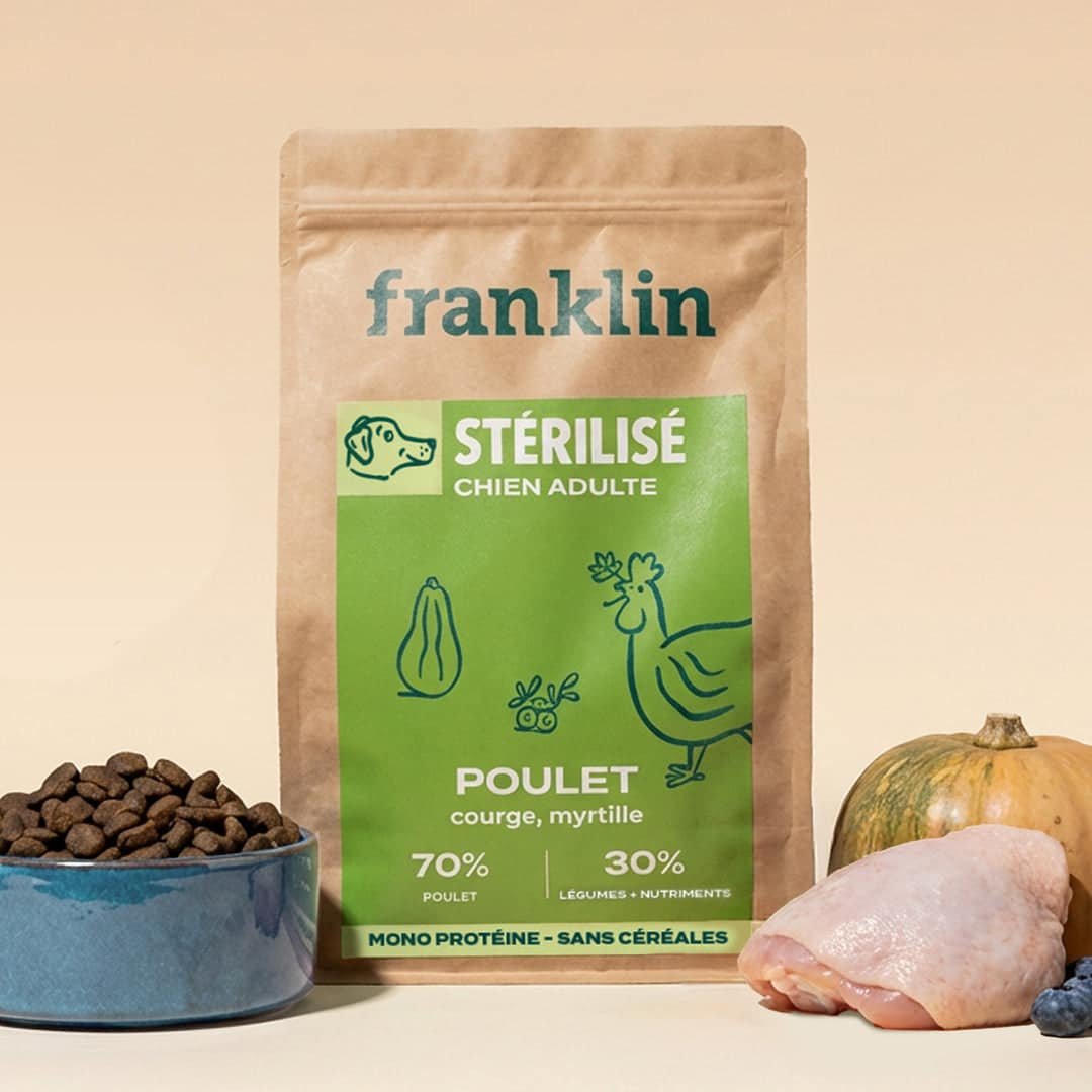 Croquettes Franklin Poulet, Courge, Myrtille pour chien stérilisé