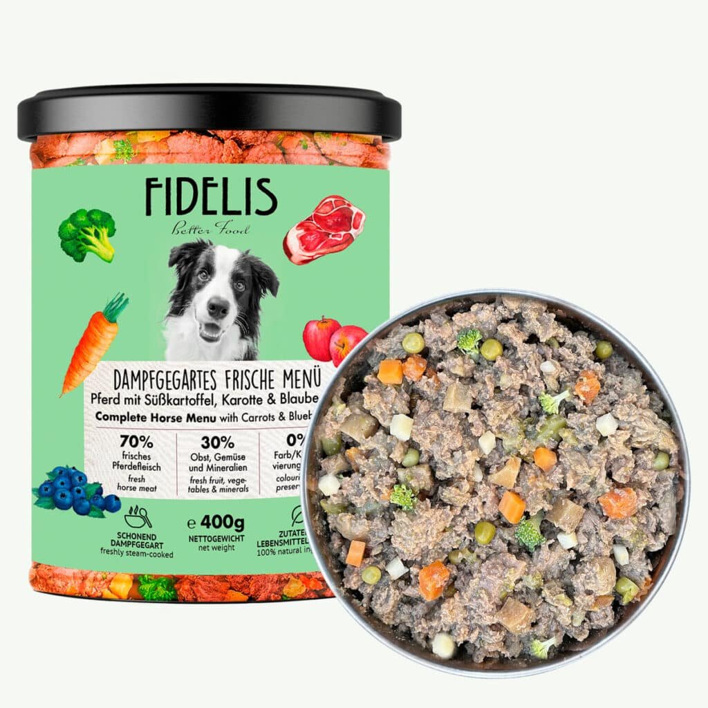 Bocal Fidelis menu frais au cheval, panais, carotte et brocoli pour chien