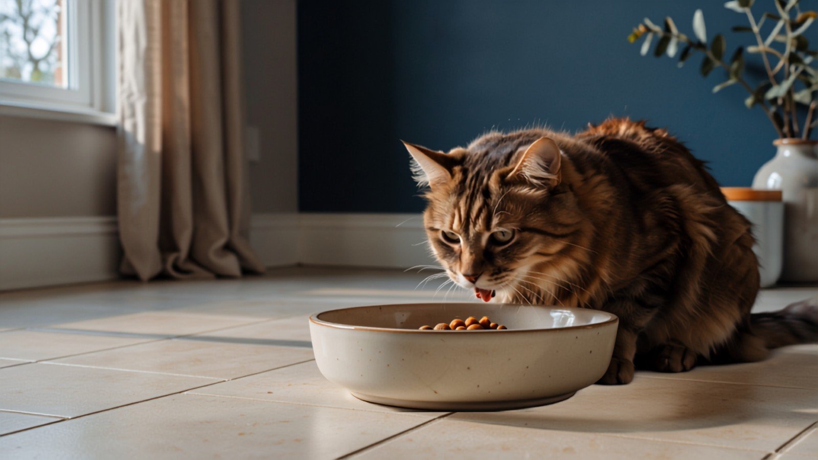 Chat Maine Coon adulte mangeant des croquettes dans une large gamelle peu profonde