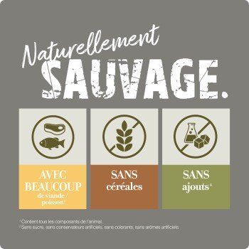 Atouts de la gamme Real Nature Wilderness : riche en viande, sans cereales, sans additifs artificiels