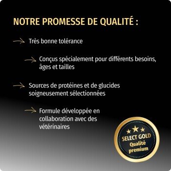 Formules sur mesure Select Gold chien : proteines selectionnees et collaboration vétérinaire