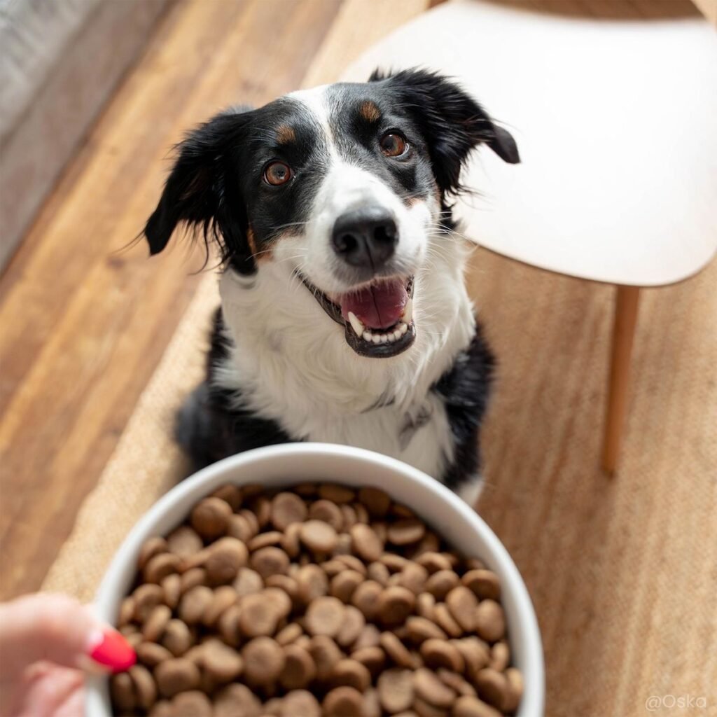 Border collie devant une gamelle de croquettes Ultra Premium Direct au saumon frais