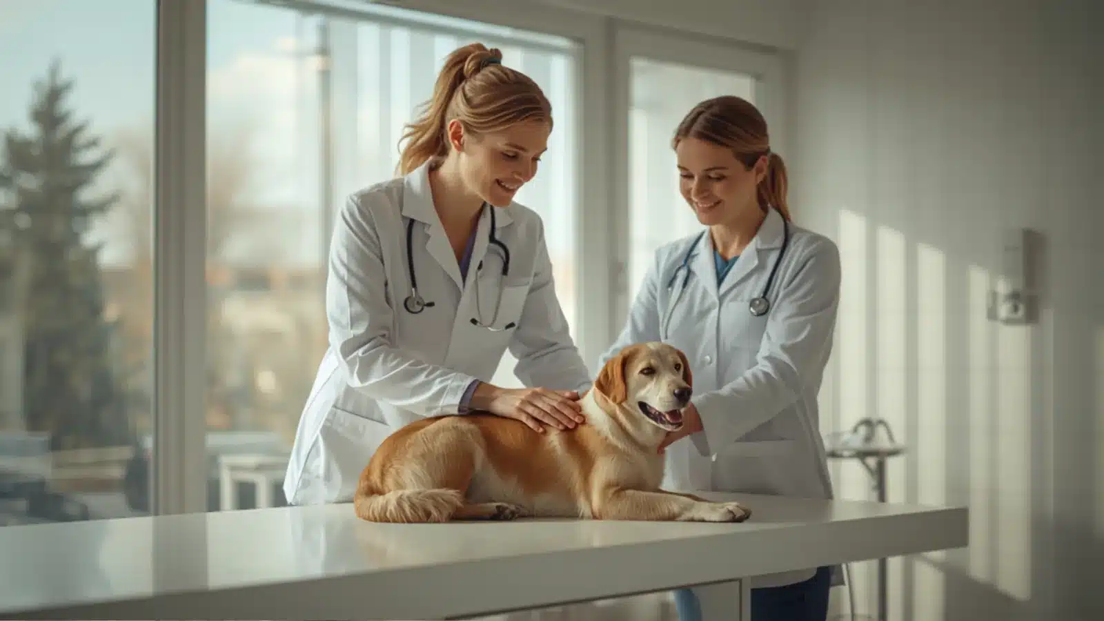 Vétérinaire examinant un chien en clinique, frais couverts par une assurance santé animale