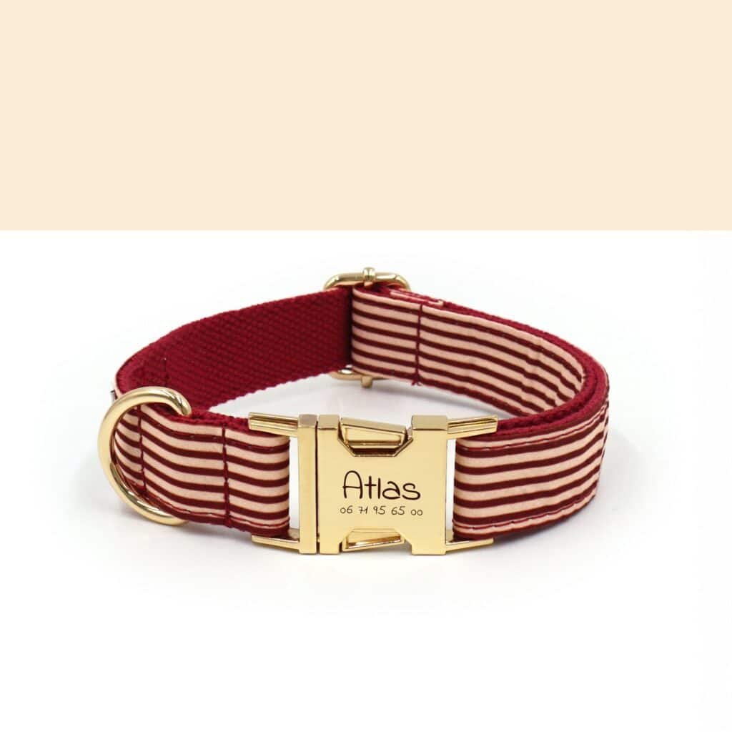 Collier Bande de Canailles en coton rayé bordeaux gravé