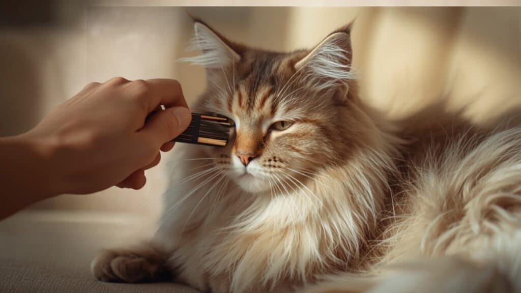 Chat au pelage long brossé délicatement à la main