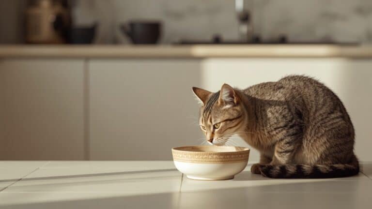 Chat tigré mangeant tranquillement dans sa gamelle en céramique