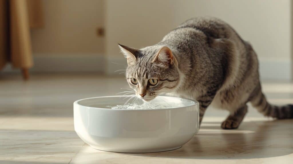 Chat âgé buvant à une fontaine à eau pour chat