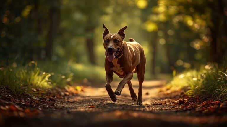 Chien athlétique en pleine course sur un sentier de forêt