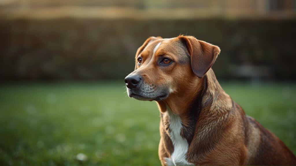 Chien au pelage brillant en promenade dans un jardin