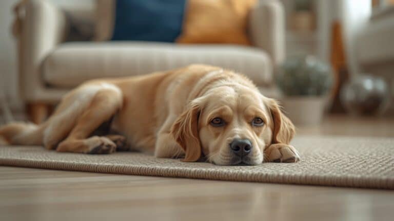 Chien allongé calmement sur un tapis dans un salon lumineux