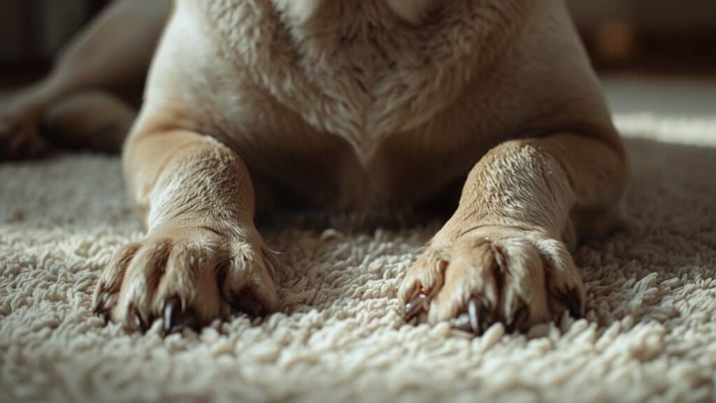 Gros plan sur les pattes et les articulations d’un chien âgé