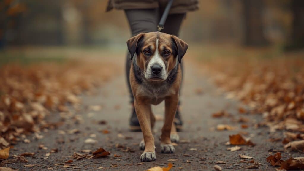 Chien âgé en balade lente sur un sentier de parc en automne