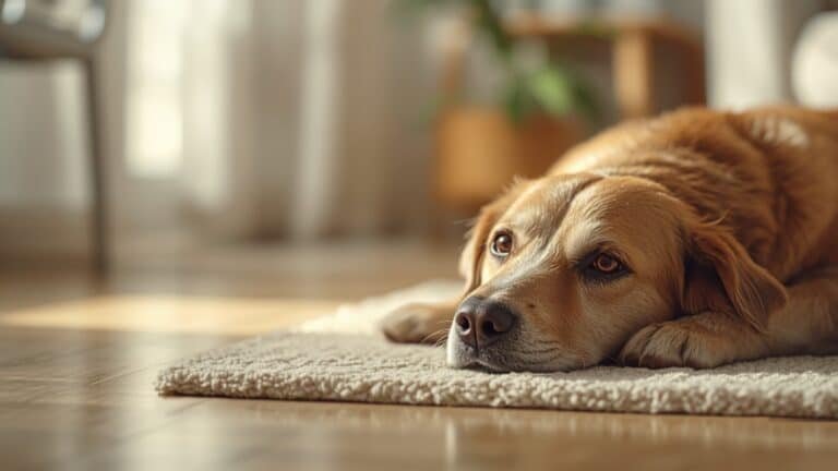 Chien âgé au museau grisonnant allongé dans un salon lumineux