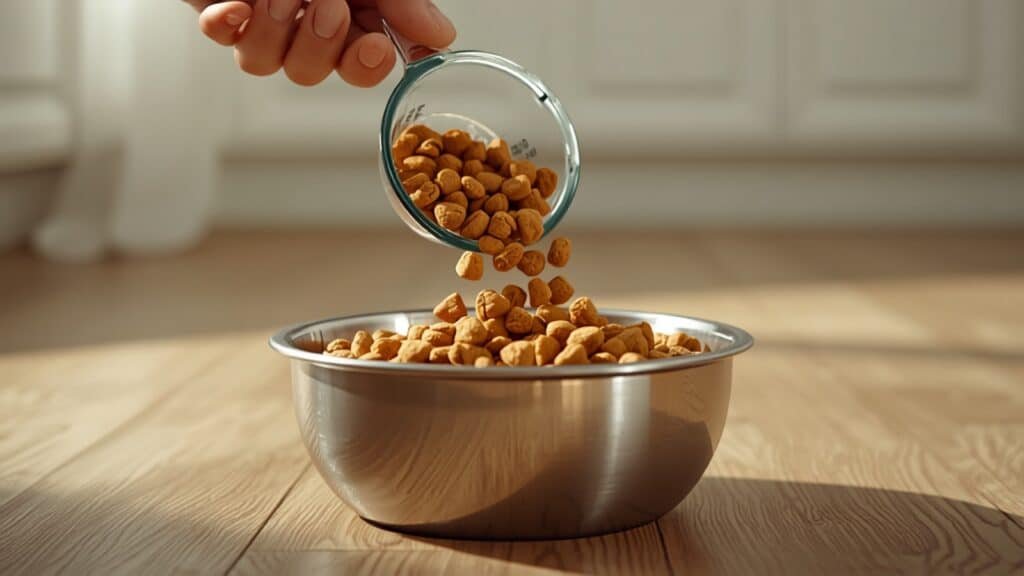 Croquettes versées dans une gamelle en inox avec un verre doseur
