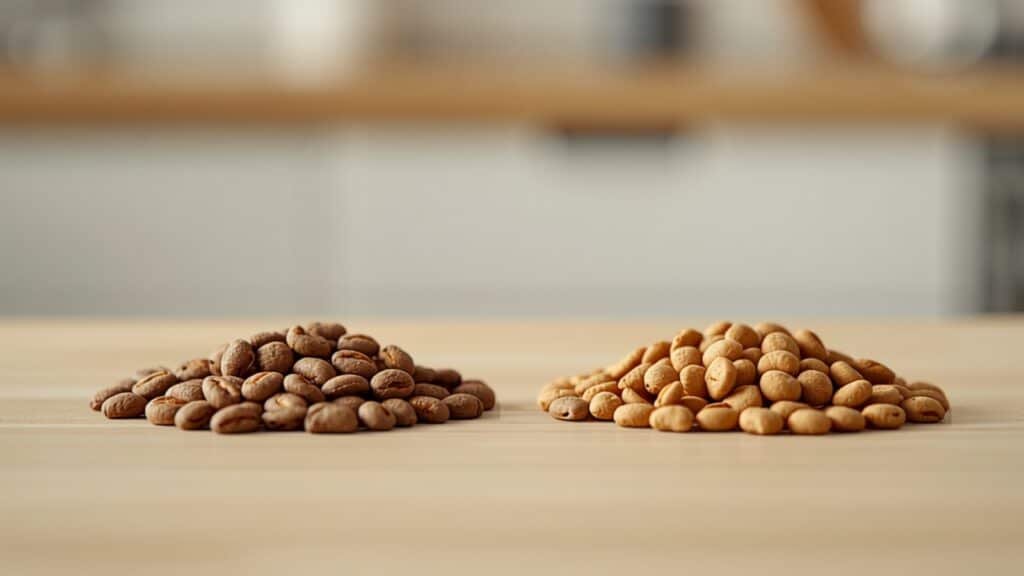 Deux tas de croquettes cĂŽte Ă cĂŽte illustrant une transition alimentaire progressive