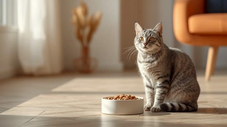 Chat européen gris tigré assis près de sa gamelle de croquettes pour chat stérilisé