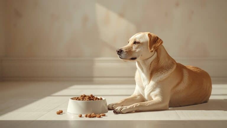 Chien au pelage fauve assis près de sa gamelle de croquettes pour chien stérilisé