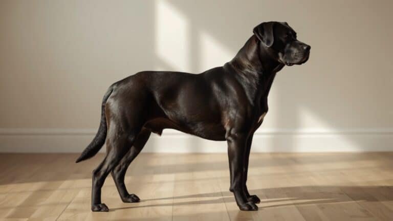 Grand chien au pelage foncé debout dans un salon lumineux