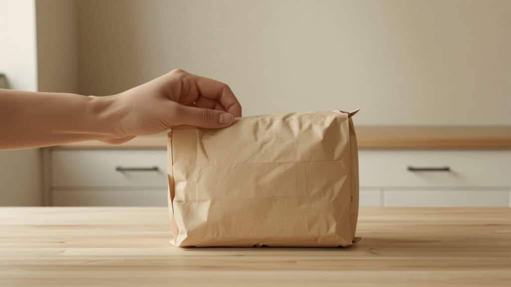Main tenant un sac de croquettes retourné pour lire les constituants analytiques