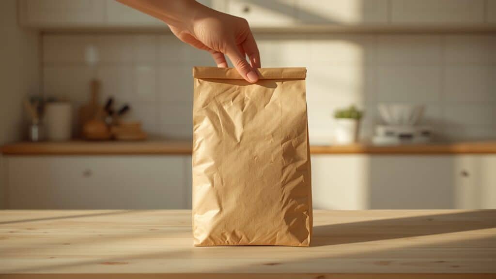 Sac de croquettes ouvert sur un plan de travail, lecture de lâĂ©tiquette