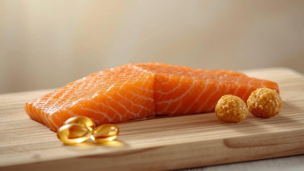 Saumon frais et capsules d’huile de poisson, sources marines d’oméga-3
