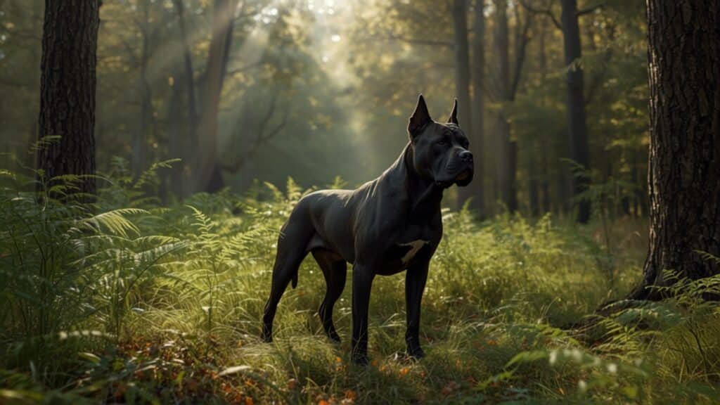 Cane Corso adulte au pelage noir, debout de corps entier dans une clairière de sous-bois parmi les fougères
