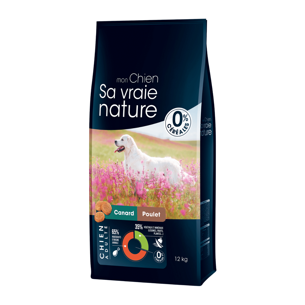 Sac de croquettes Sa Vraie Nature chien adulte sans céréales canard, poulet et faisan 12 kg
