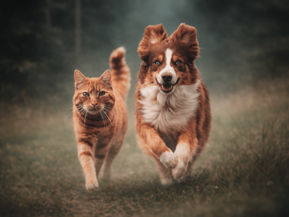 Un chien et un chat qui courent côte à côte, visuel officiel Sa Vraie Nature