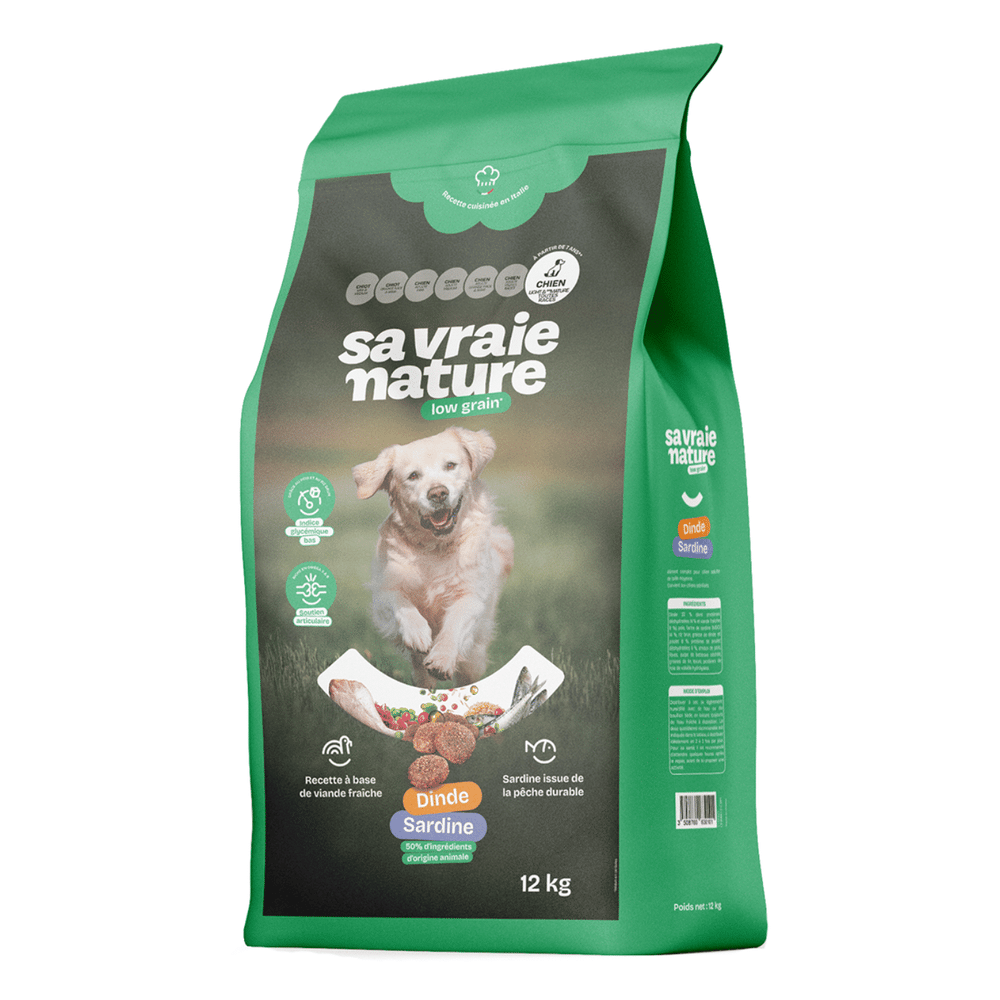 Croquettes Sa Vraie Nature low grain chien light et senior dinde et sardine 12 kg