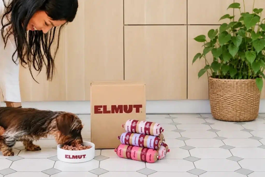 Box Elmut livrée avec boudins de repas frais pour chien et teckel devant sa gamelle