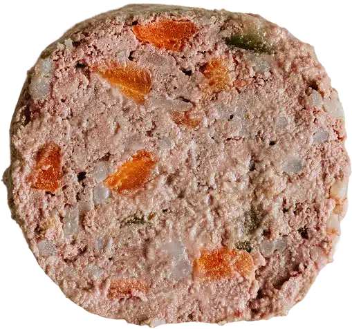 Tranche d'un boudin Elmut montrant la viande hachée et les morceaux de légumes