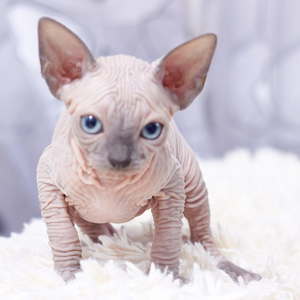 Chaton Sphynx aux yeux bleus sur un plaid blanc