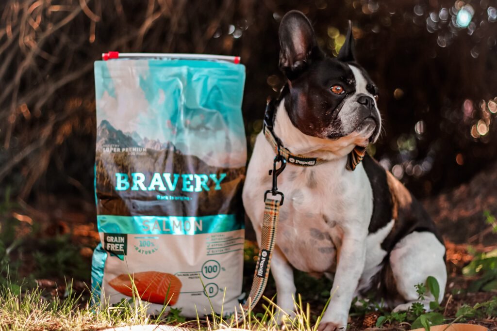 Bouledogue français à cÎté d'un sac de croquettes Bravery, visuel officiel de la marque