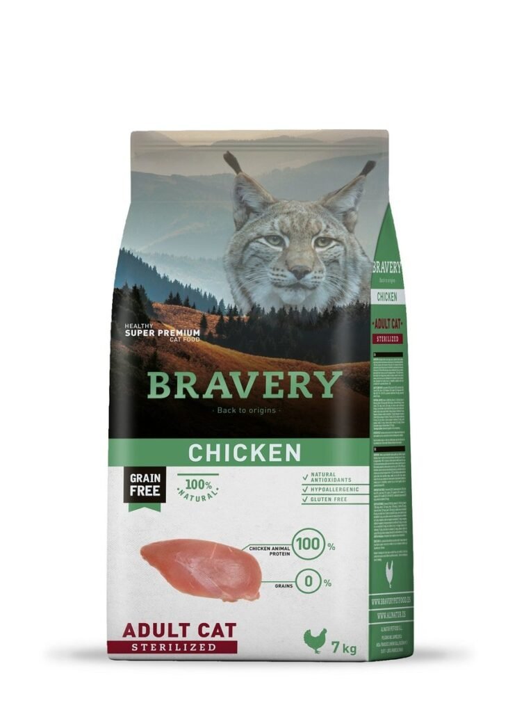 Sac de croquettes Bravery sans céréales au poulet pour chat stérilisé