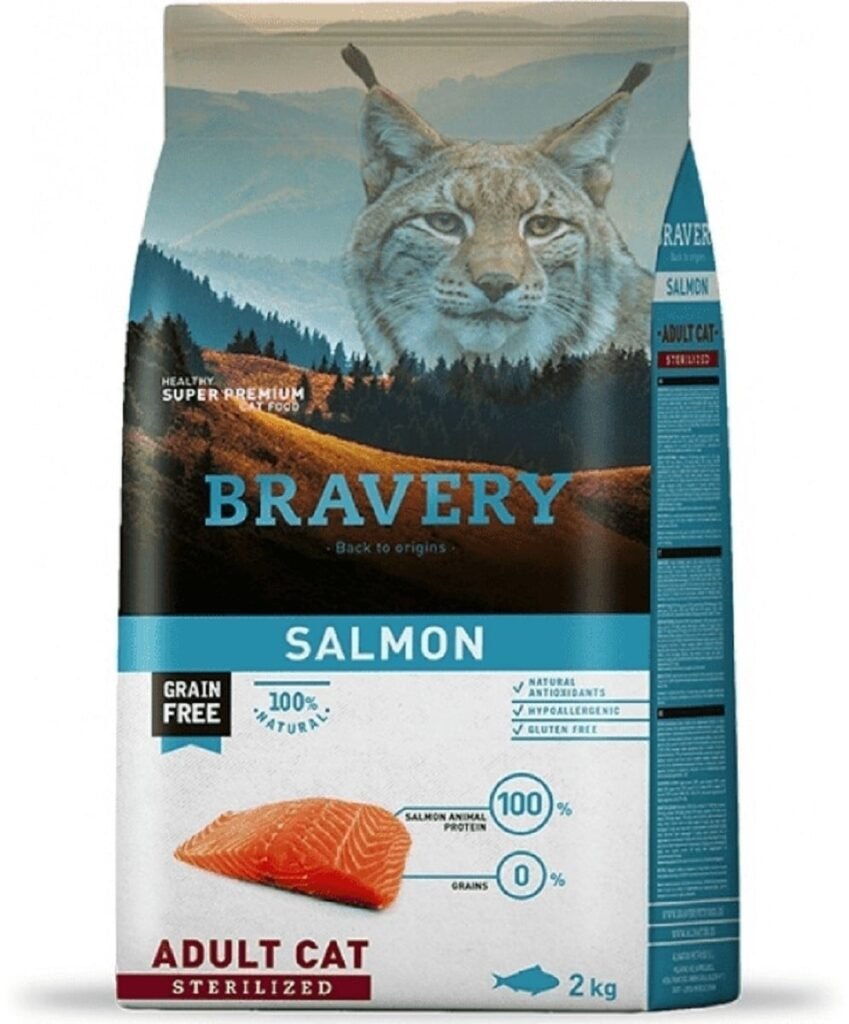 Sac de croquettes Bravery sans céréales au saumon pour chat stérilisé