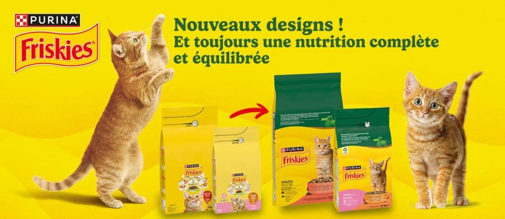 Visuel officiel Friskies : nouveaux sacs de croquettes pour chat et chats roux